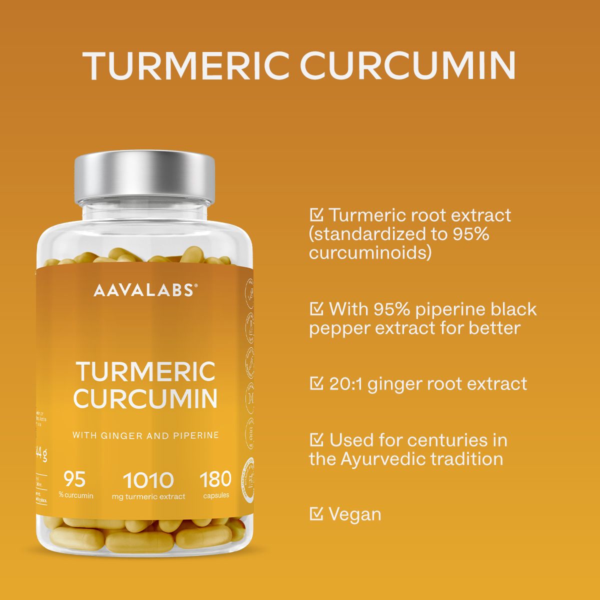 Flacone di vetro con capsule. Scritta: Aavalabs, Turmeric Curcumin. Contiene 180 capsule. Vegano.