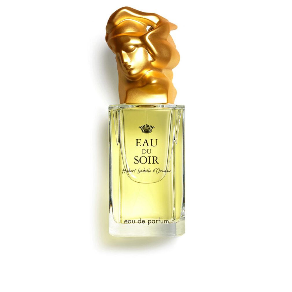 Flacone in vetro con tappo dorato a forma di donna. Scritta: Eau du Soir, Hubert Isabelle d'Ornano. Parfum.