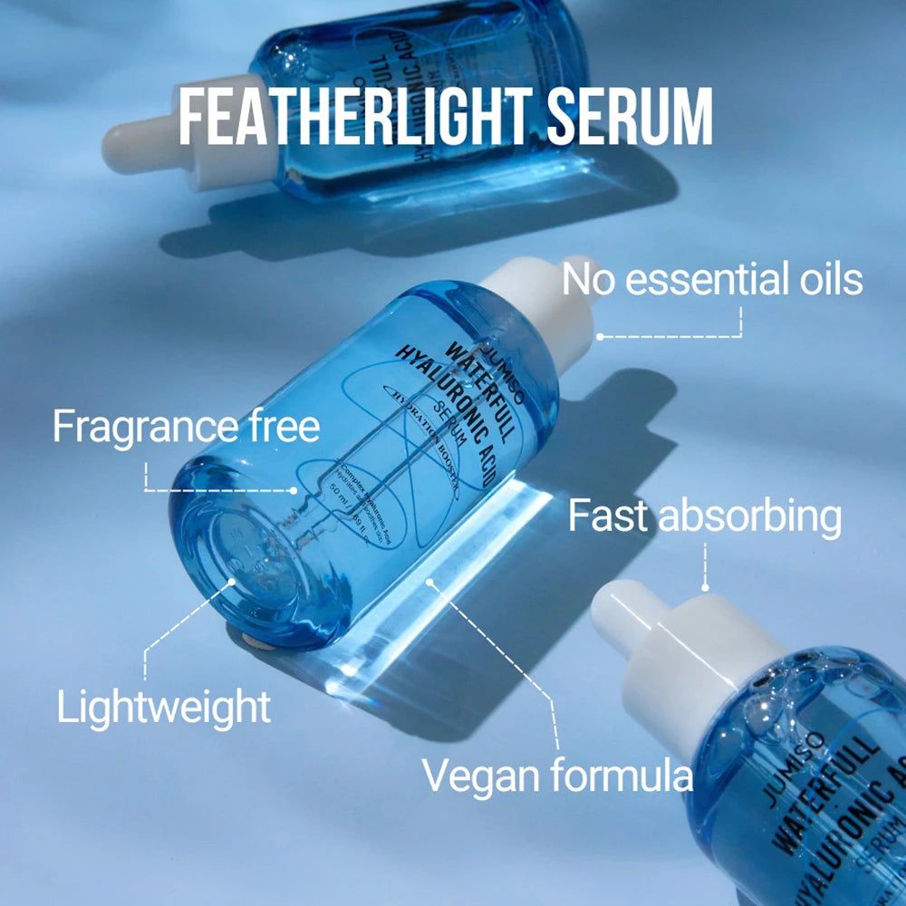 Tre flaconi di siero JUMISO Waterfull Hyaluronic Acid con sovrapposizioni di testo sulle caratteristiche.