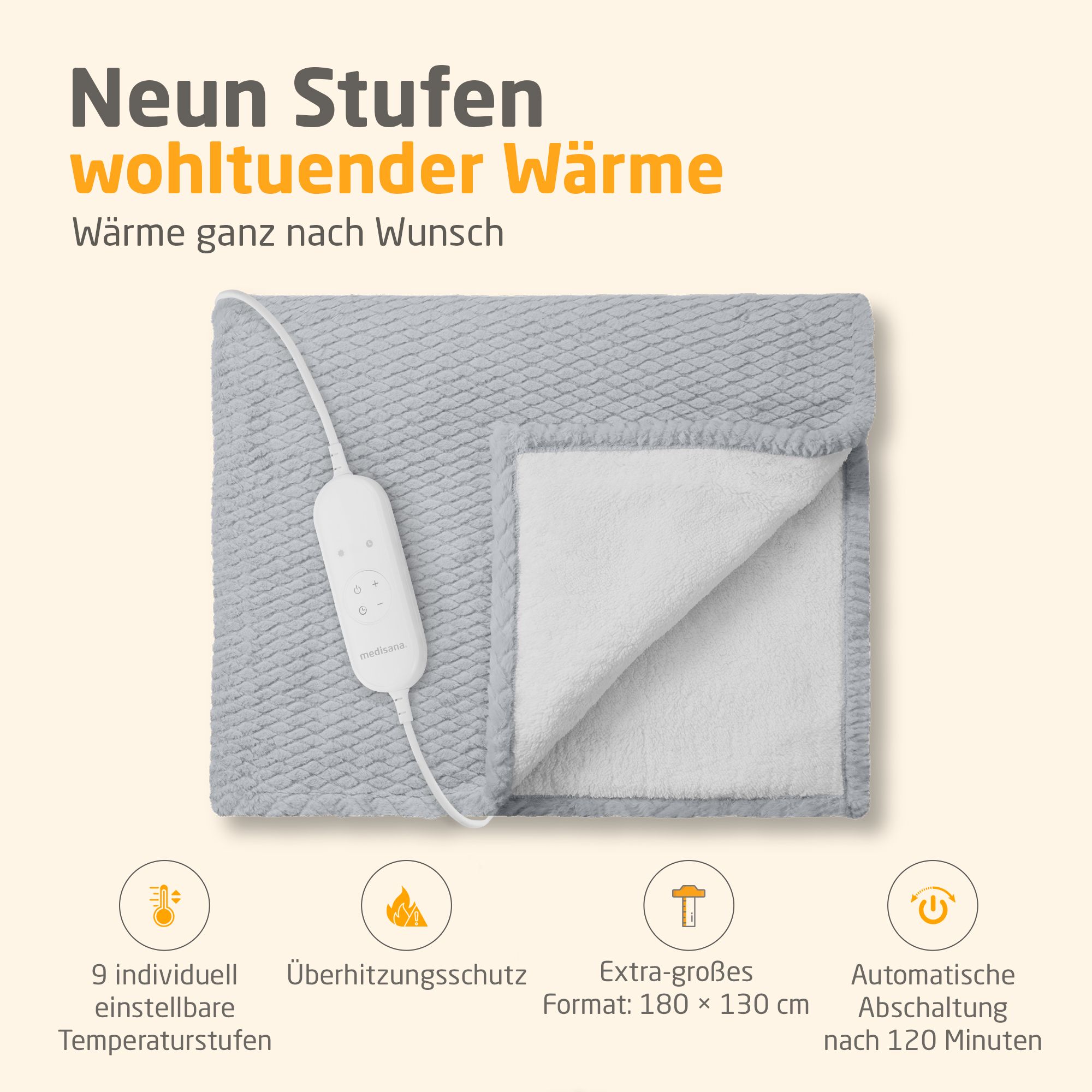 Coperta termica, grigio chiaro. Cavo e comando. 9 livelli di temperatura, protezione surriscaldamento, 180x130cm, autospegnimento.