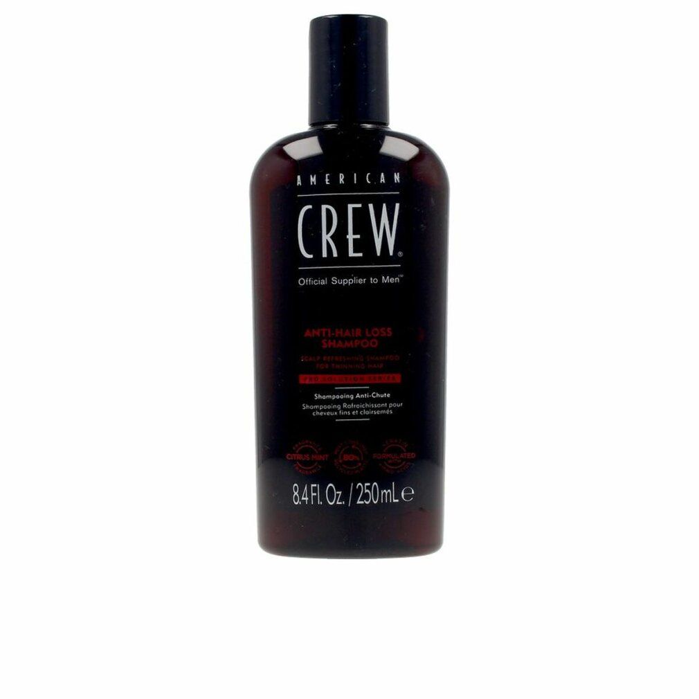 Flacone di shampoo rosso scuro con tappo nero. Scritta: AMERICAN CREW. Testo: Shampoo Anti-Caduta. 8.4 Fl. Oz. / 250ml.