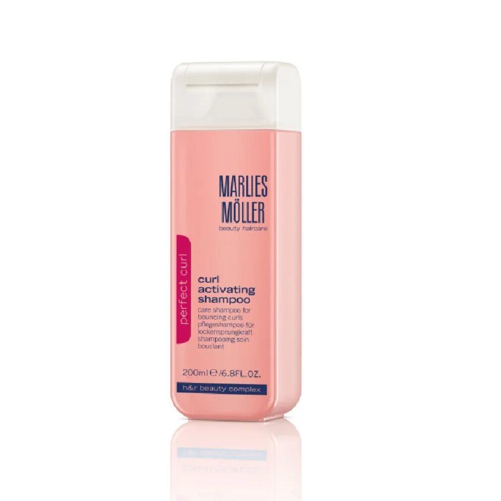 Flacone rosa Marlies Möller Curl Activating Shampoo. Tappo bianco. Testo: Perfect Curl, 200ml.