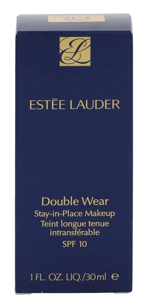 Confezione blu scuro con scritta: Estée Lauder, Double Wear, SPF 10. Logo dorato.