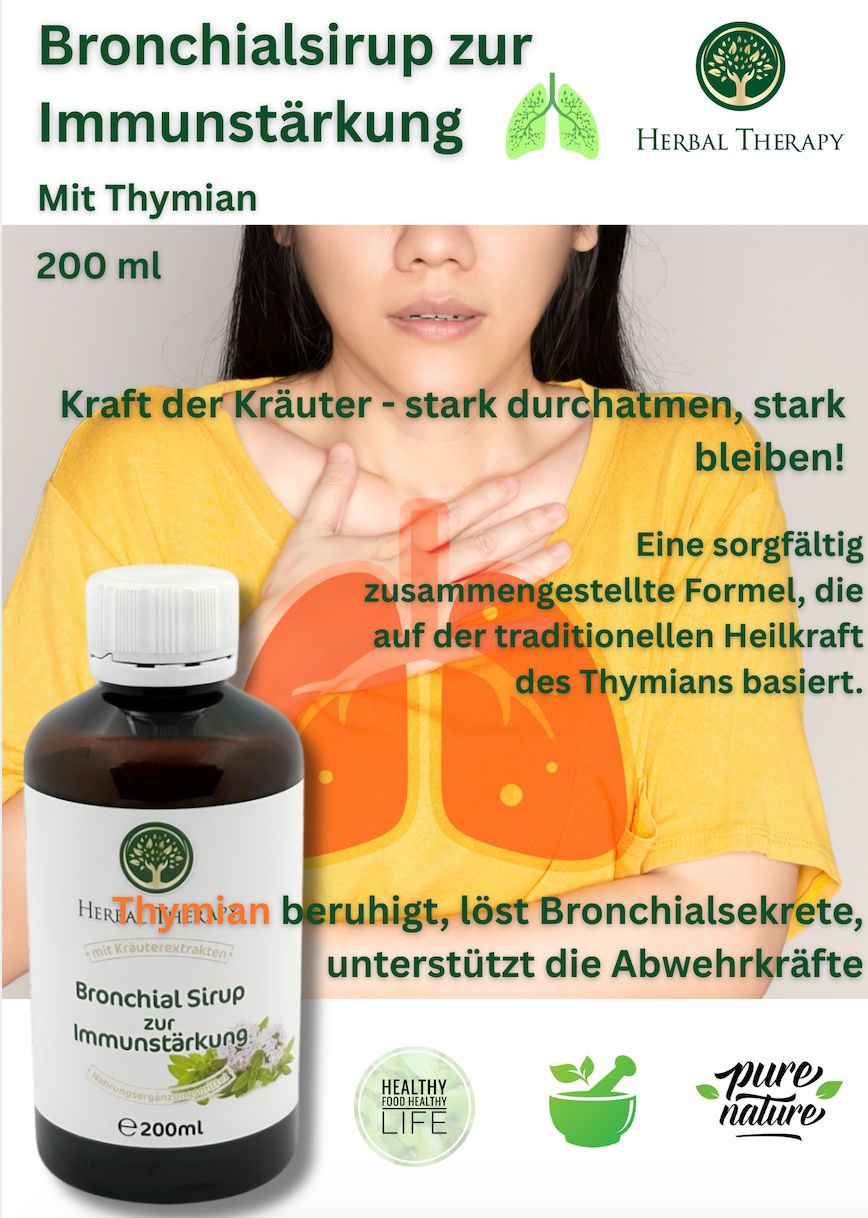 Bottiglia del prodotto e illustrazione dei polmoni. Scritta: Bronchialsirup zur Immunstärkung, Herbal Therapy, 200 ml.
