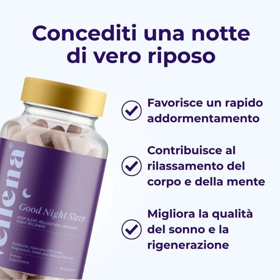 Flacone in vetro con capsule. Etichetta viola con testo: Vellena Good Night Sleep. Coperchio dorato. Vantaggi: addormentamento rapido, relax, qualità del sonno.