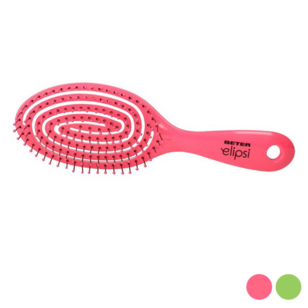 Spazzola per capelli ovale fucsia con manico. Setole nere, design a spirale. Marchio: Beter elipsi. Opzioni colore.