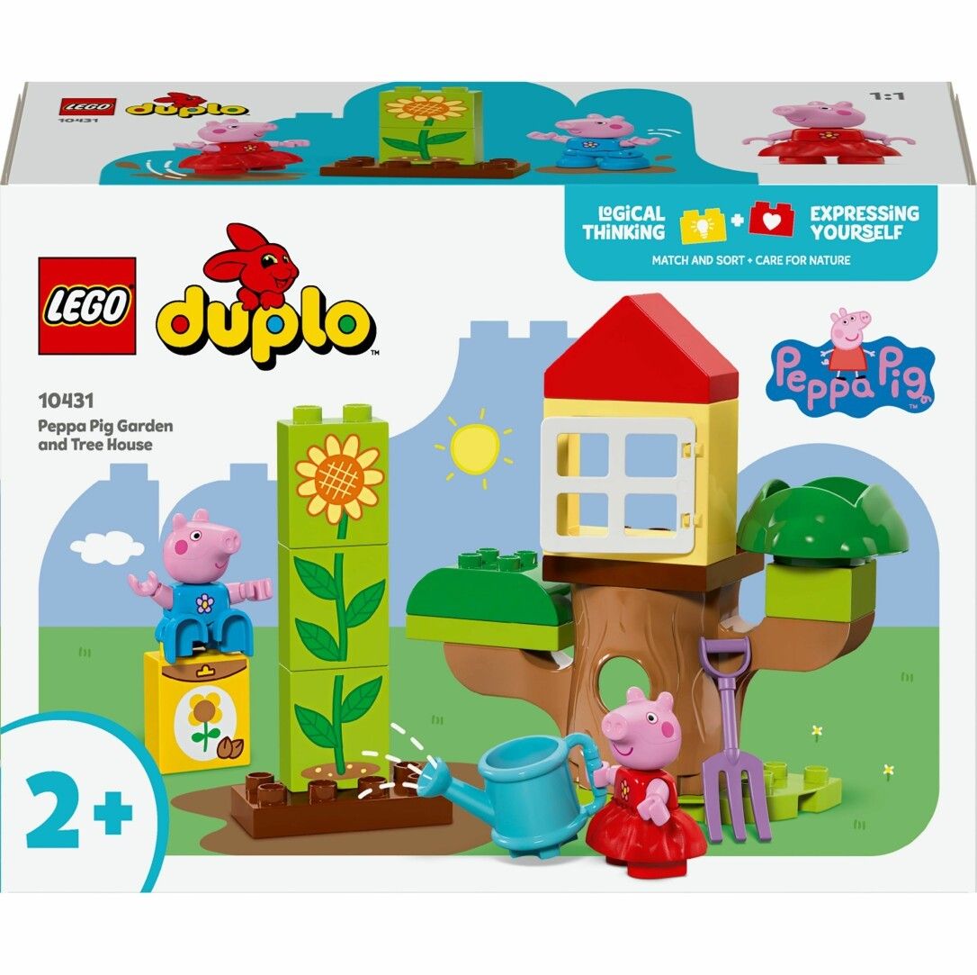 Set LEGO Duplo. Include personaggi di Peppa Pig, casa sull'albero, fiori, annaffiatoio e accessori. Confezione con immagine.
