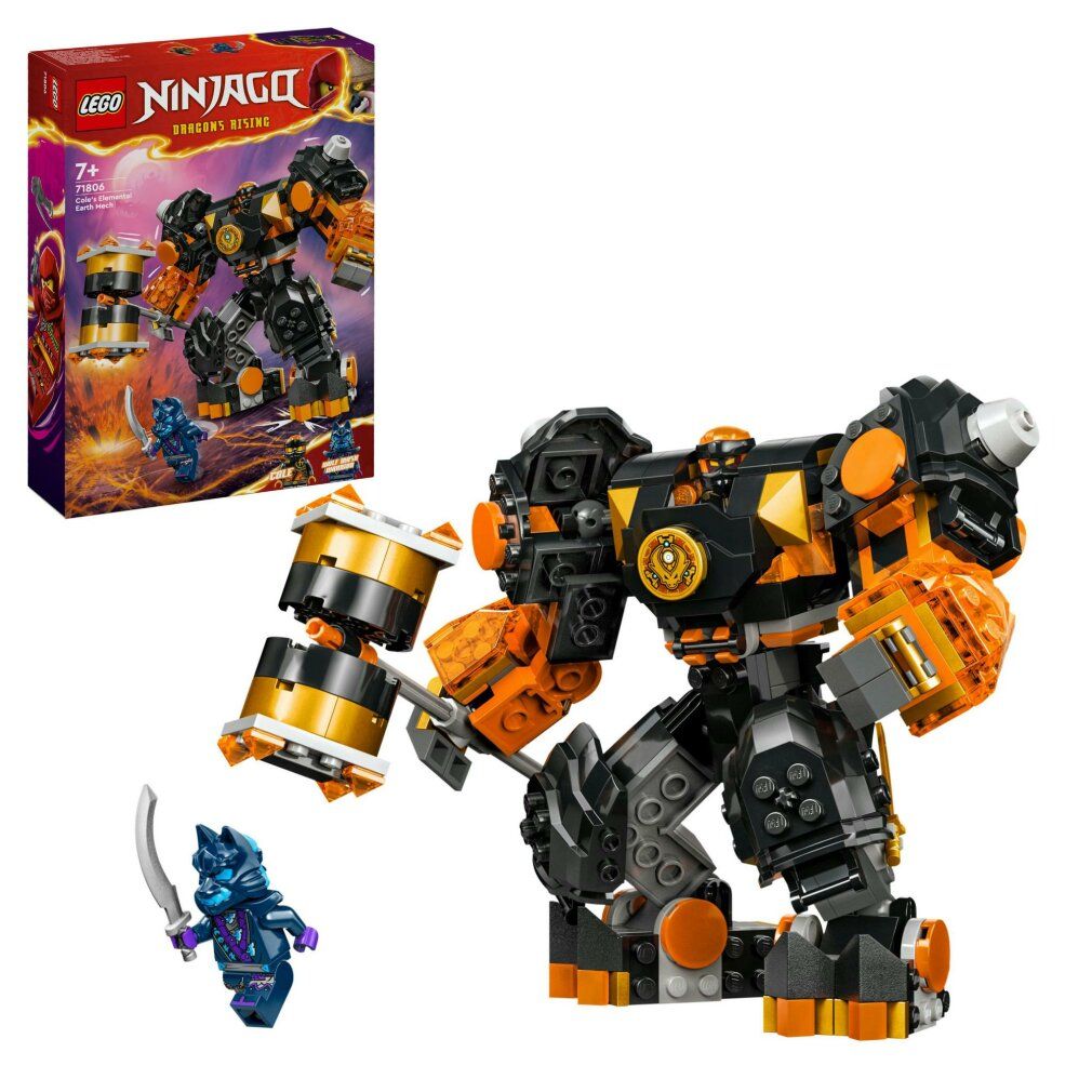 LEGO NINJAGO Mech Elemento di Terra di Cole. Robot con accessori e personaggio. Confezione sullo sfondo.
