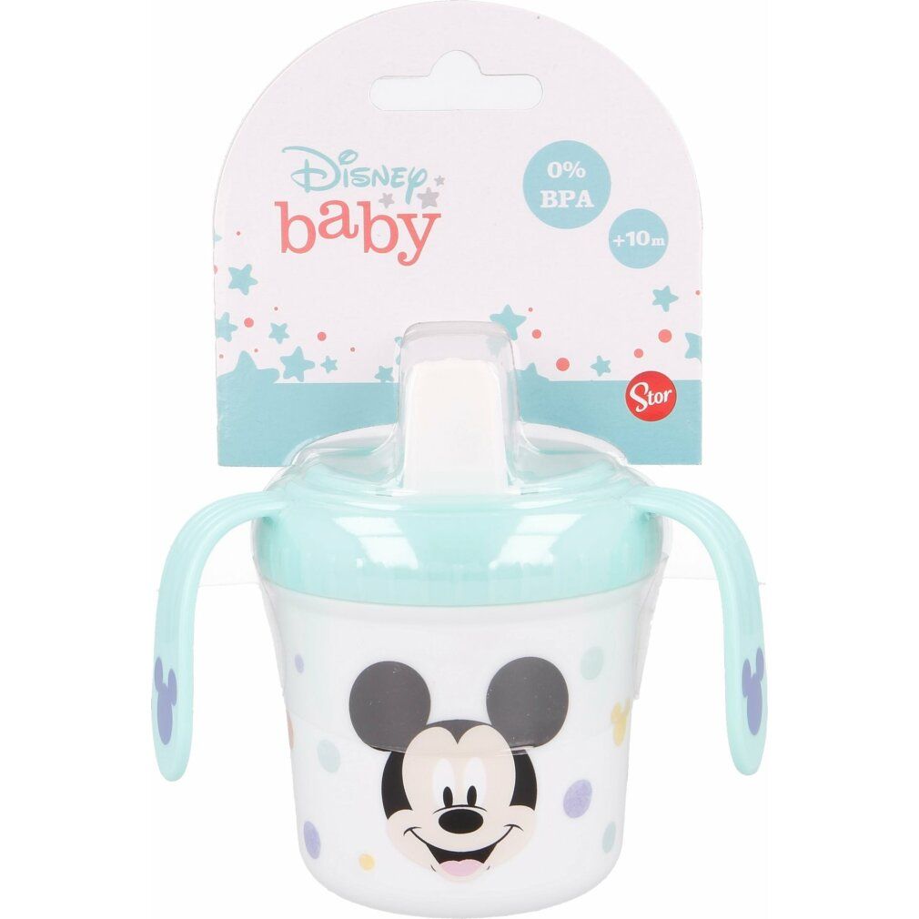 Tazza con orecchie e motivo Mickey Mouse. Coperchio e manici azzurri. Confezione con logo Disney Baby e indicazione BPA.