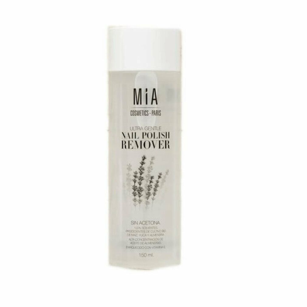 Flacone di solvente per unghie. Scritta: Mia Cosmetics Paris, Ultra Gentle Nail Polish Remover, Sin Acetona. 150 ml.