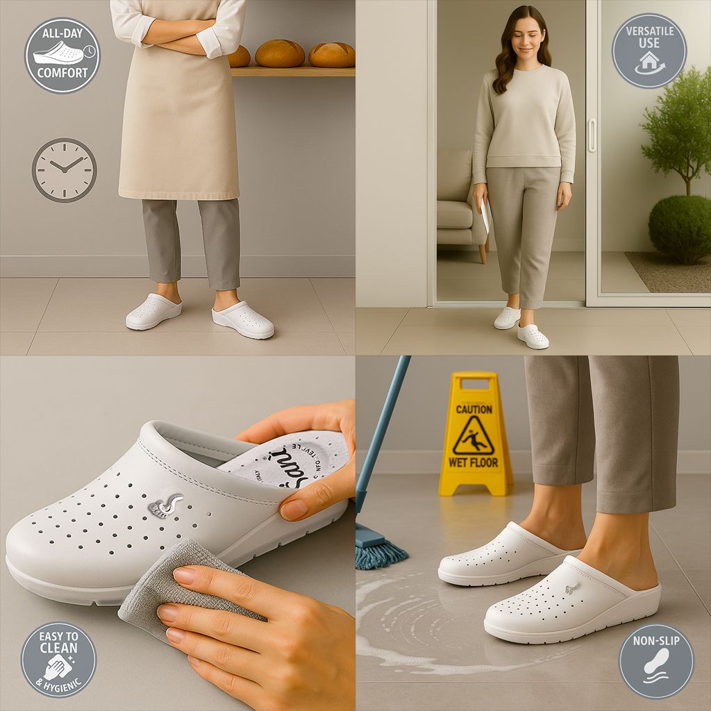 Diverse scene con zoccoli in pelle bianca. Applicazioni: quotidiano, pulizia, antiscivolo.