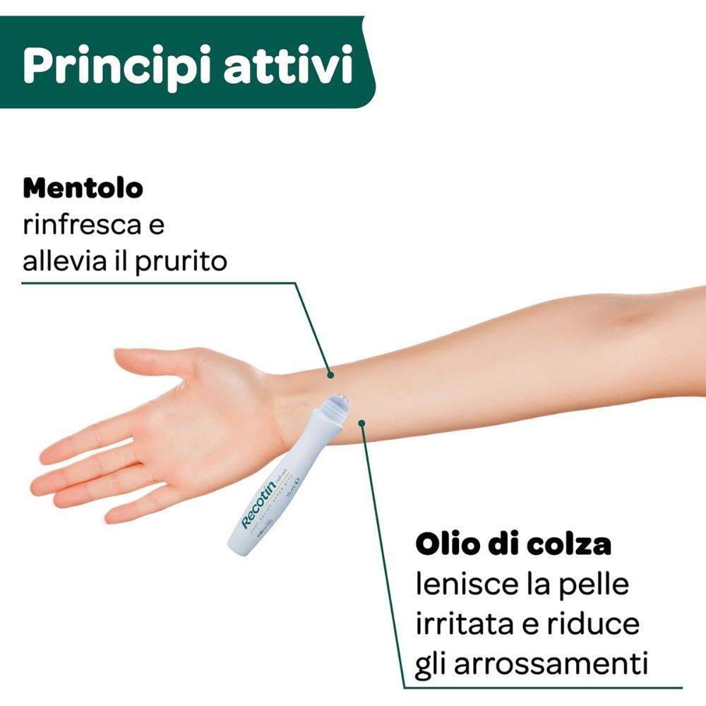 Ragazzo con roll-on e confezione. Testo: Dermatologicamente testato. Prodotto: Recotin Roll-on.