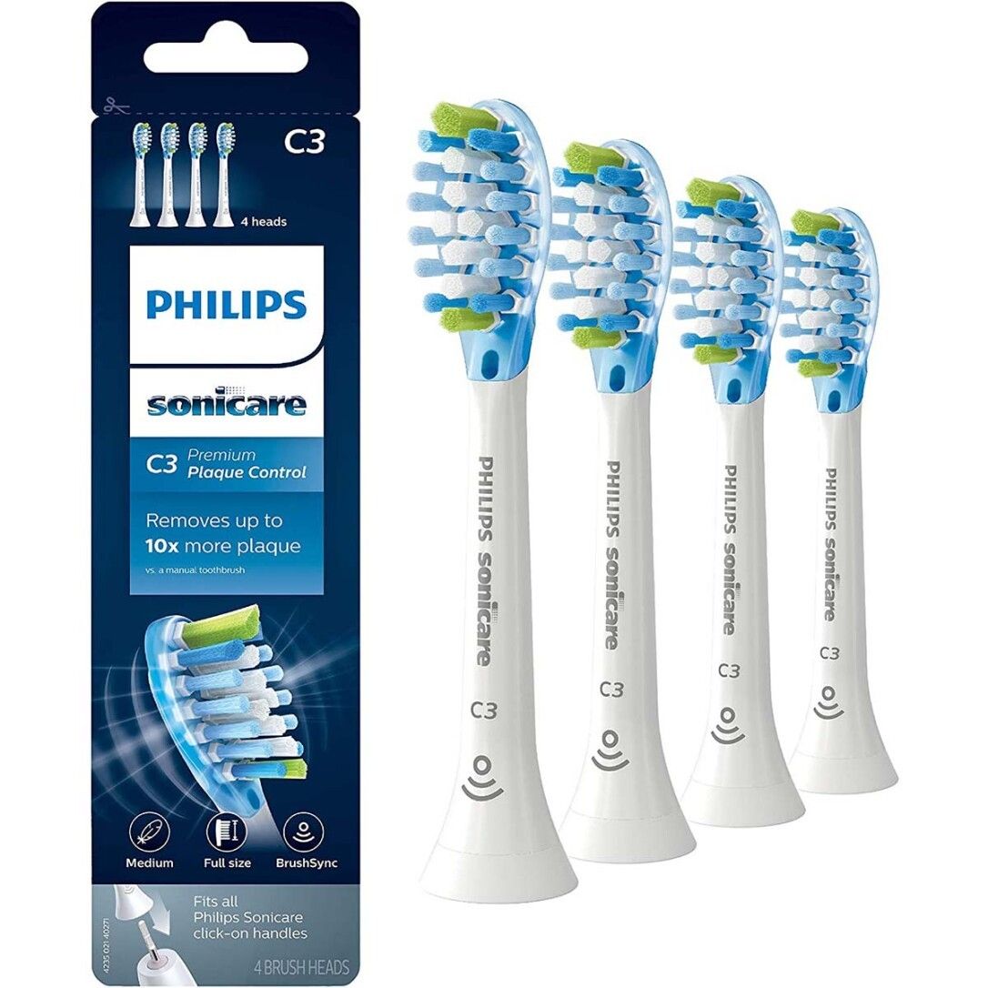 Confezione con quattro testine Philips Sonicare C3. Confezione nera con informazioni sul prodotto.