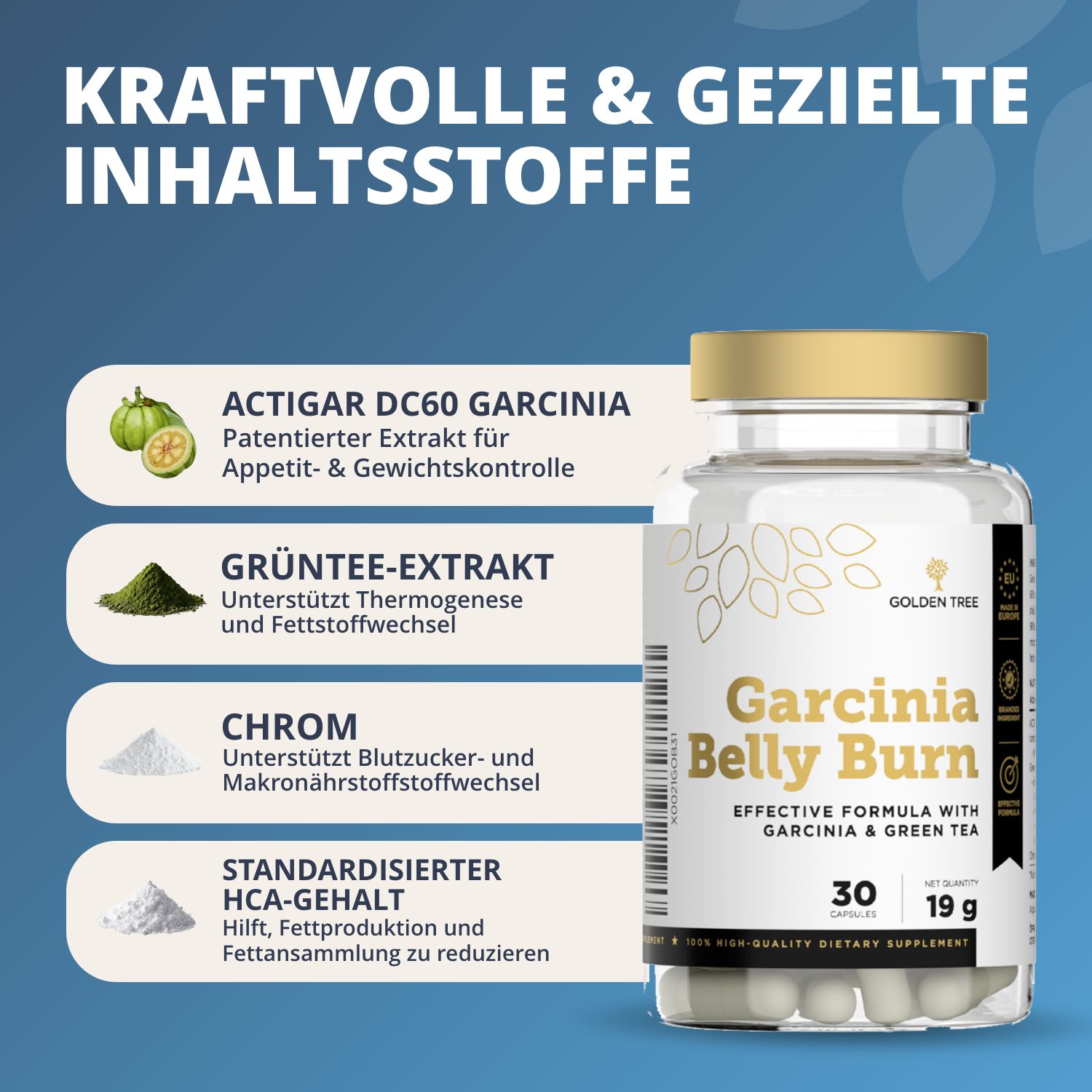 Flacone Garcinia Belly Burn con elenco di ingredienti come Garcinia ed estratto di tè verde.