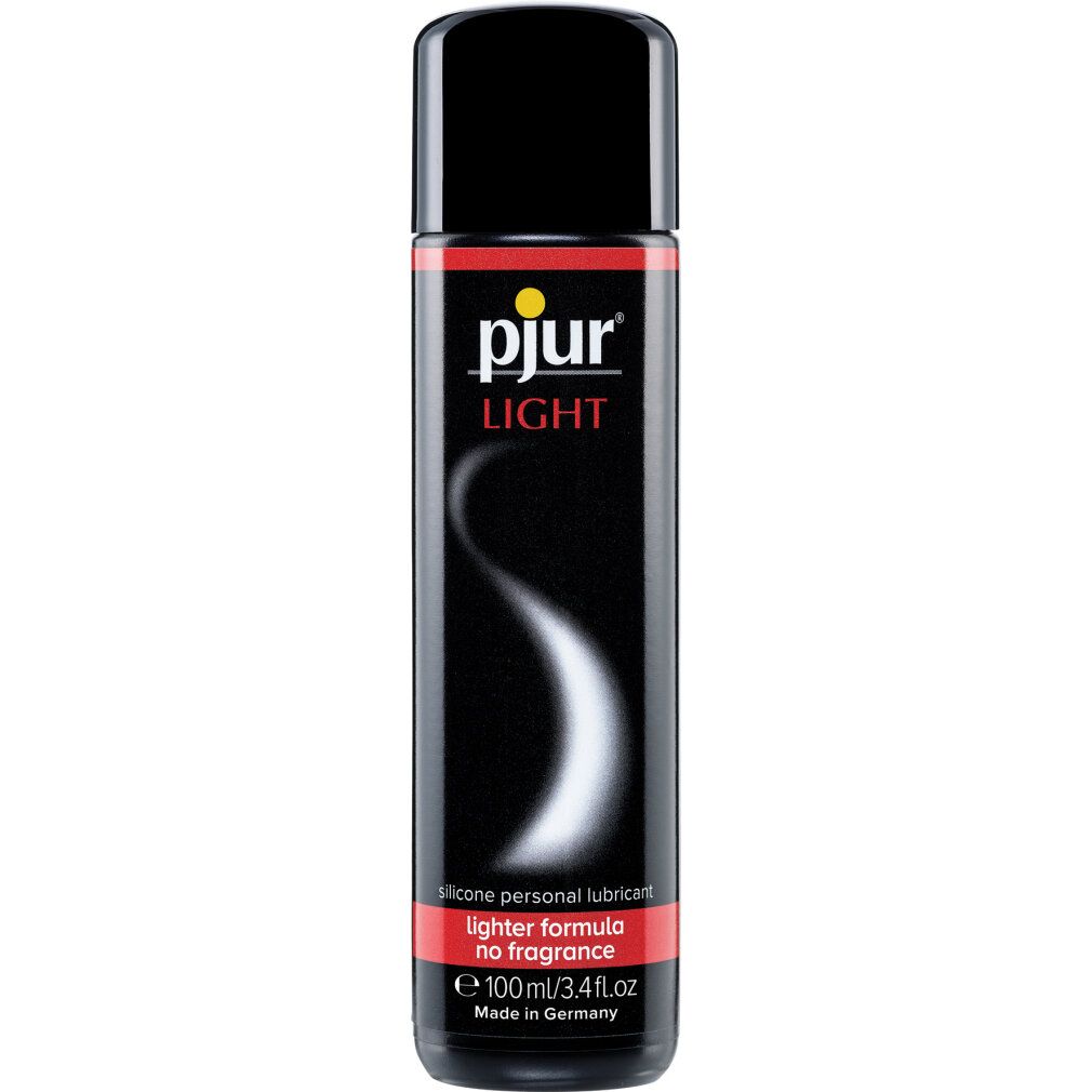 Flacone nero con logo giallo "pjur LIGHT". Striscia rossa con testo. Contiene "Silicone personal lubricant".