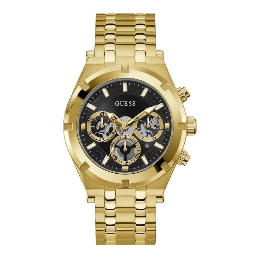 Orologio da polso dorato con quadrante nero. Funzione cronografo. Marchio GUESS visibile. Cinturino in metallo.