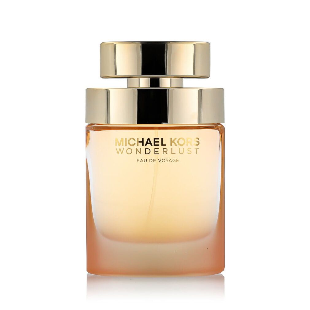 Flacone rettangolare con tappo dorato. Scritta: MICHAEL KORS WONDERLUST EAU DE VOYAGE.