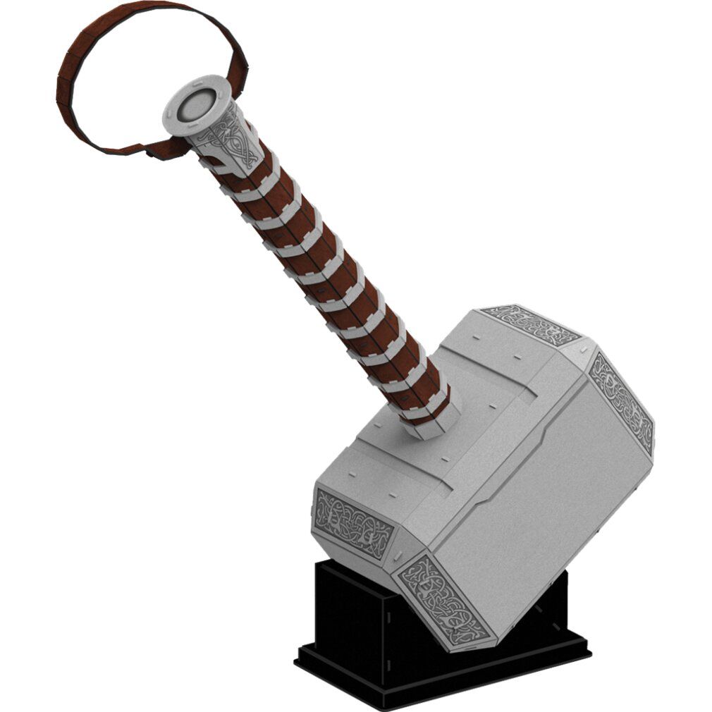 Puzzle Martello di Thor inclinato, argento, manico marrone, base nera. Incisioni dettagliate sulla testa del martello.