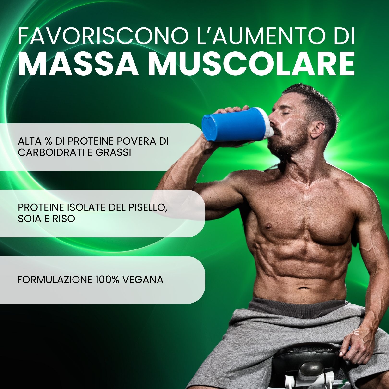 Uomo che beve da una bottiglia blu. Testo: Alto contenuto proteico, povero di carboidrati e grassi, proteine ​​di piselli, soia e riso.