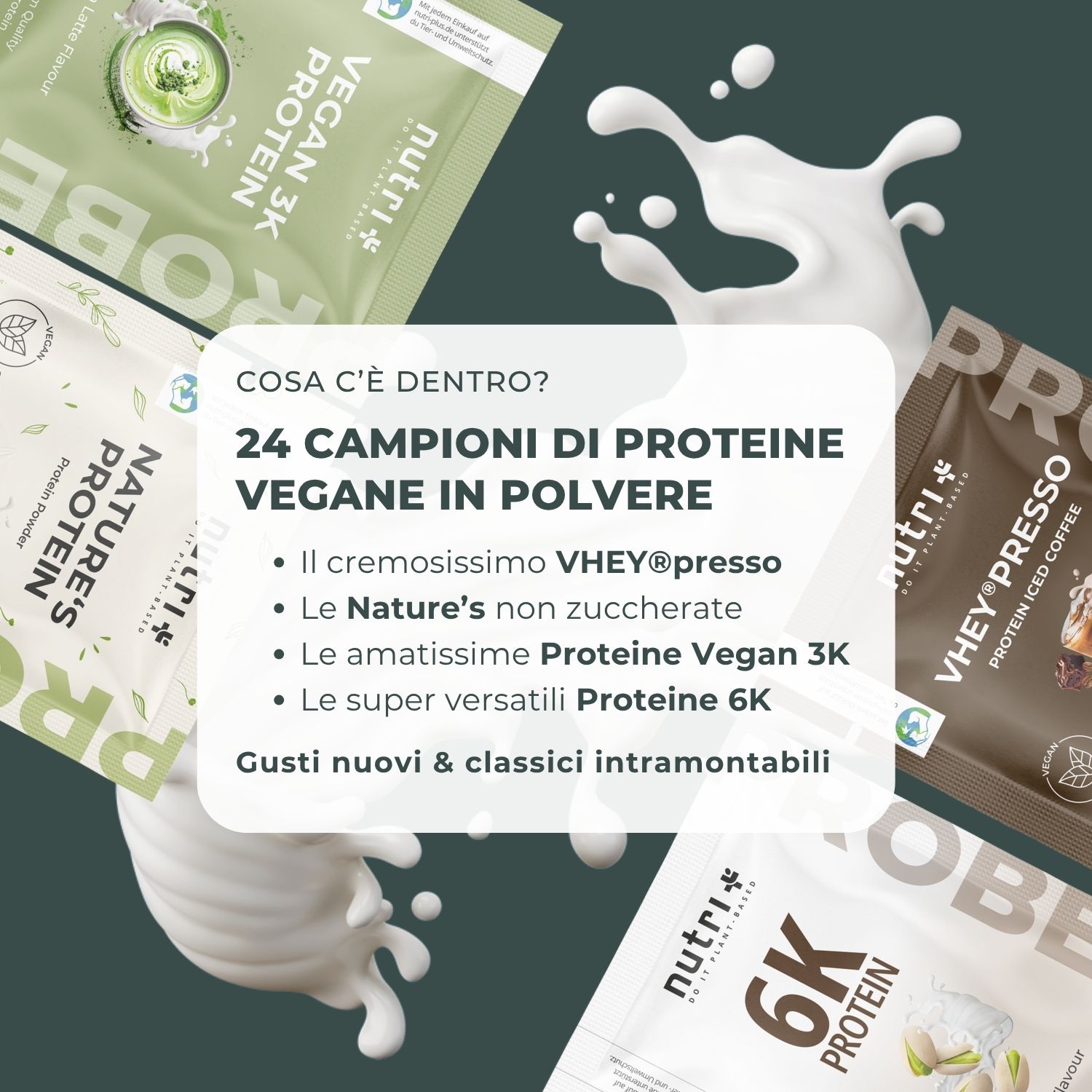 Primo piano del calendario dell'Avvento con recensioni. Testo: Proteine invece di zucchero, il miglior upgrade dell'Avvento.