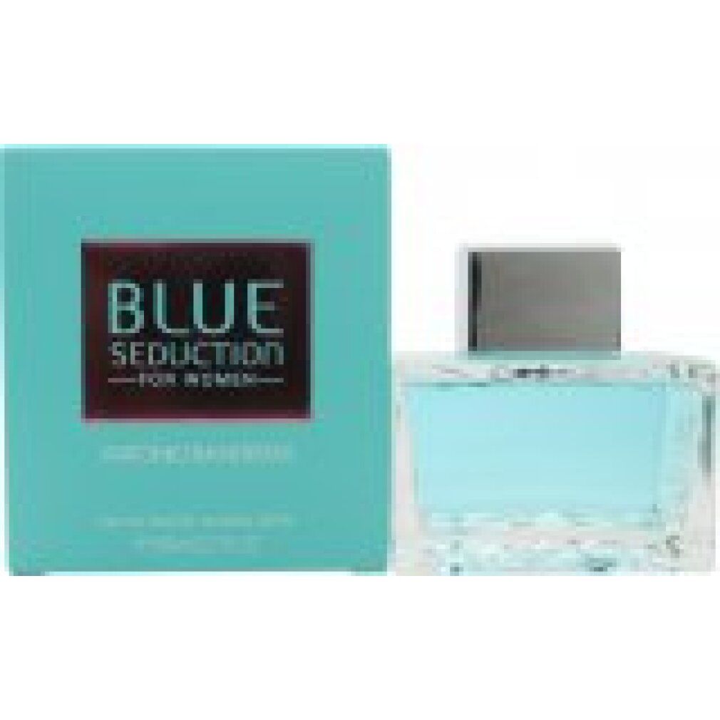 Confezione turchese e flacone in vetro rettangolare con profumo azzurro e tappo argentato.
