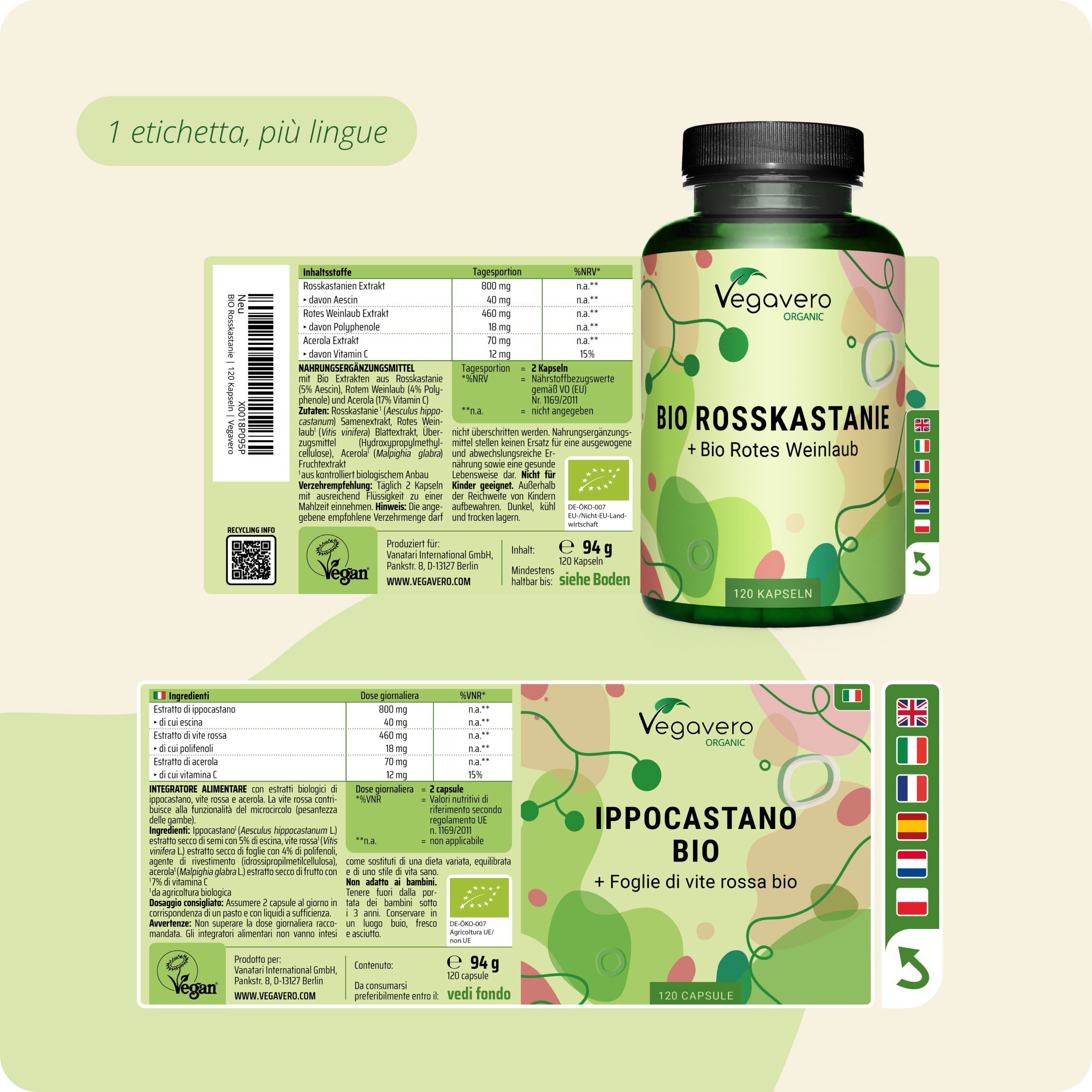 Barattolo di capsule Veggavero IPPOCASTANO BIO + foglie di vite rossa bio con etichette multilingue.