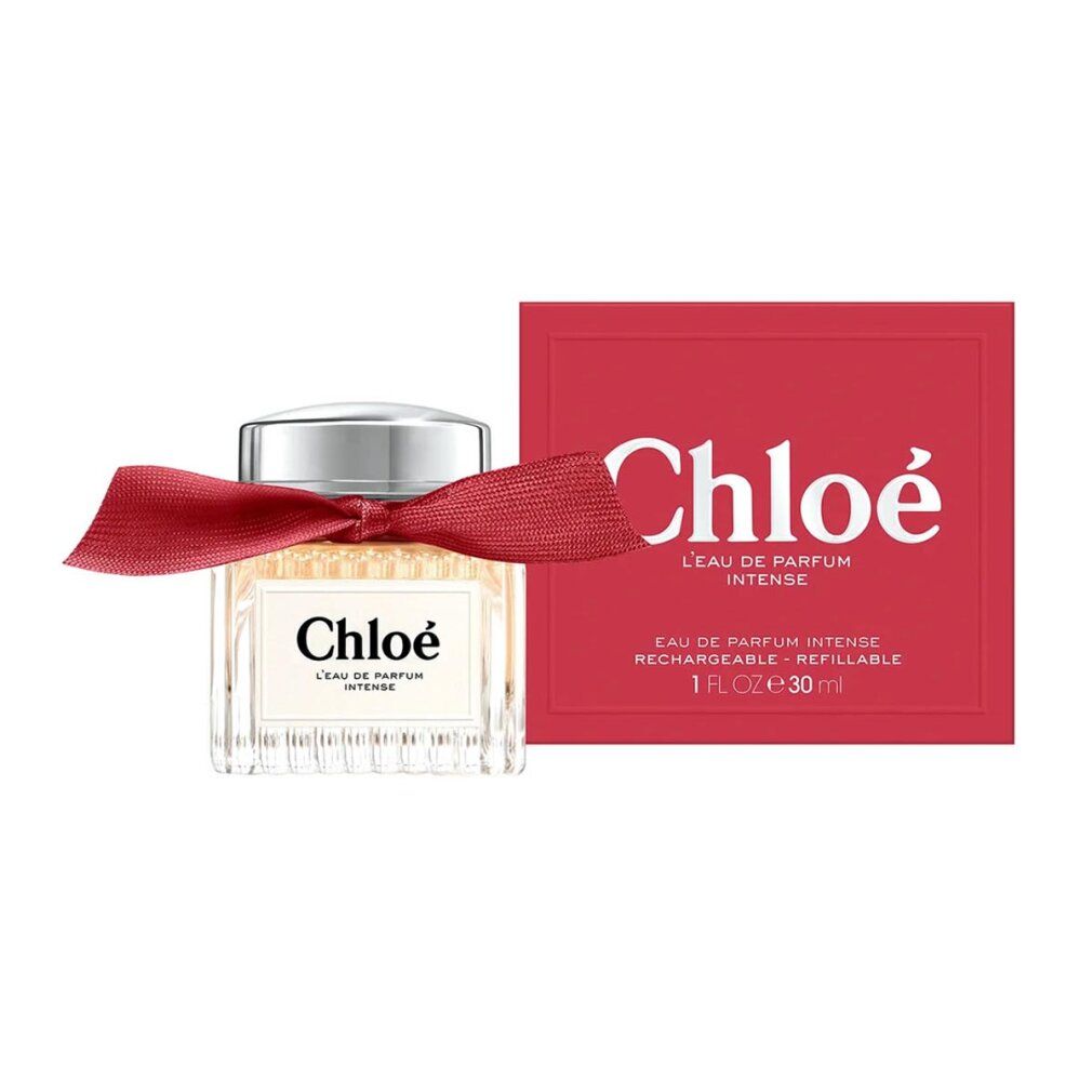 Flacone Chloé Eau de Parfum Intense con fiocco rosso e confezione.
