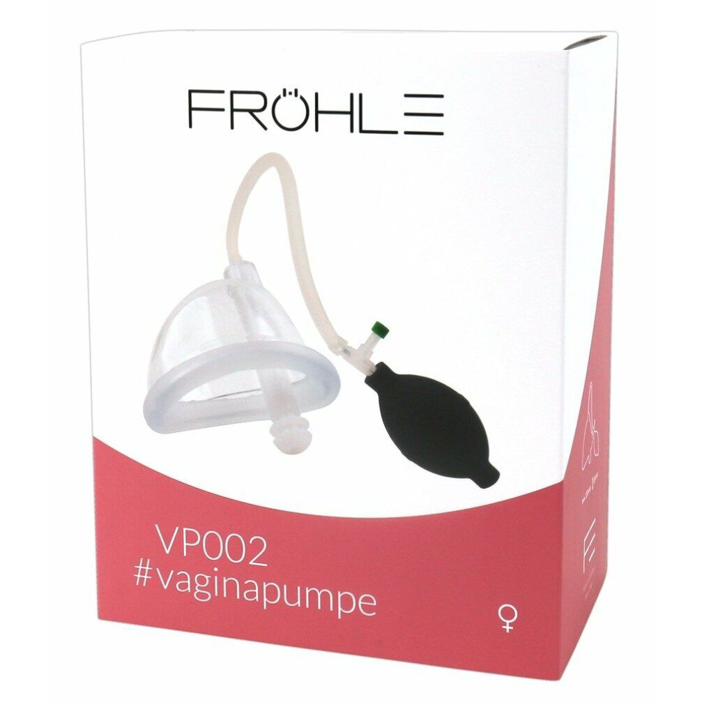 Confezione con prodotto. Scritta: FRÖHLE, VP002 #vaginapumpe. Prodotto: campana trasparente, tubo, bulbo nero.