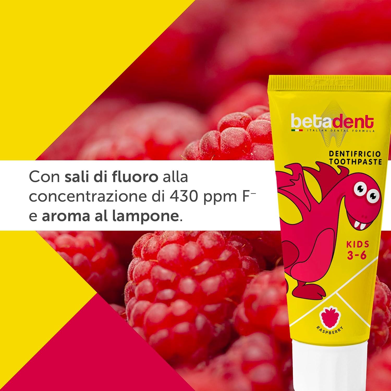 BETADENT - Dentifricio Kids - Bambini 3-6 anni - No Fluoro - Anti cariee - Gusto Lampone