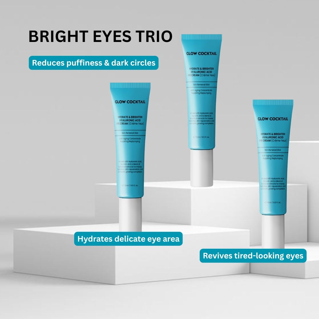 Tre tubi Glow Cocktail Eye Cream su piedistalli. Testo: Bright Eyes Trio, riduce borse e occhiaie.