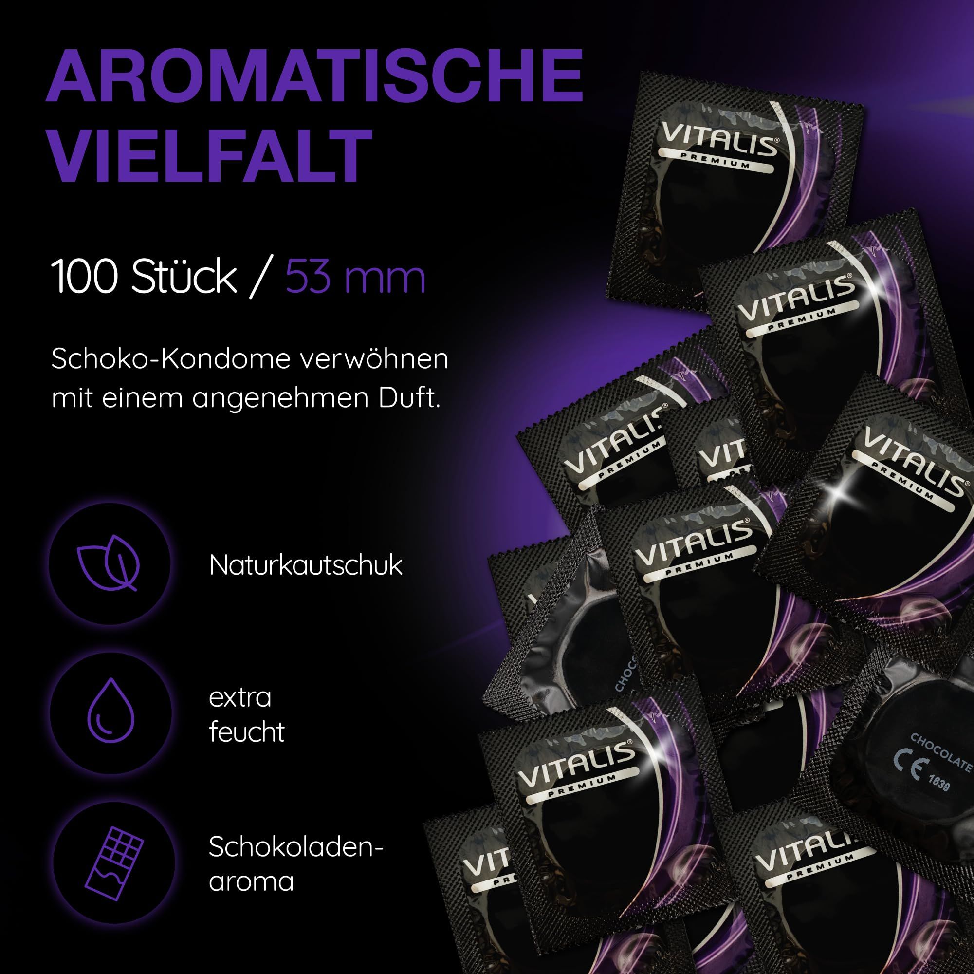 Preservativi Vitalis Cioccolato: 100 pezzi, 53mm, lattice naturale, extra umido, aroma cioccolato.