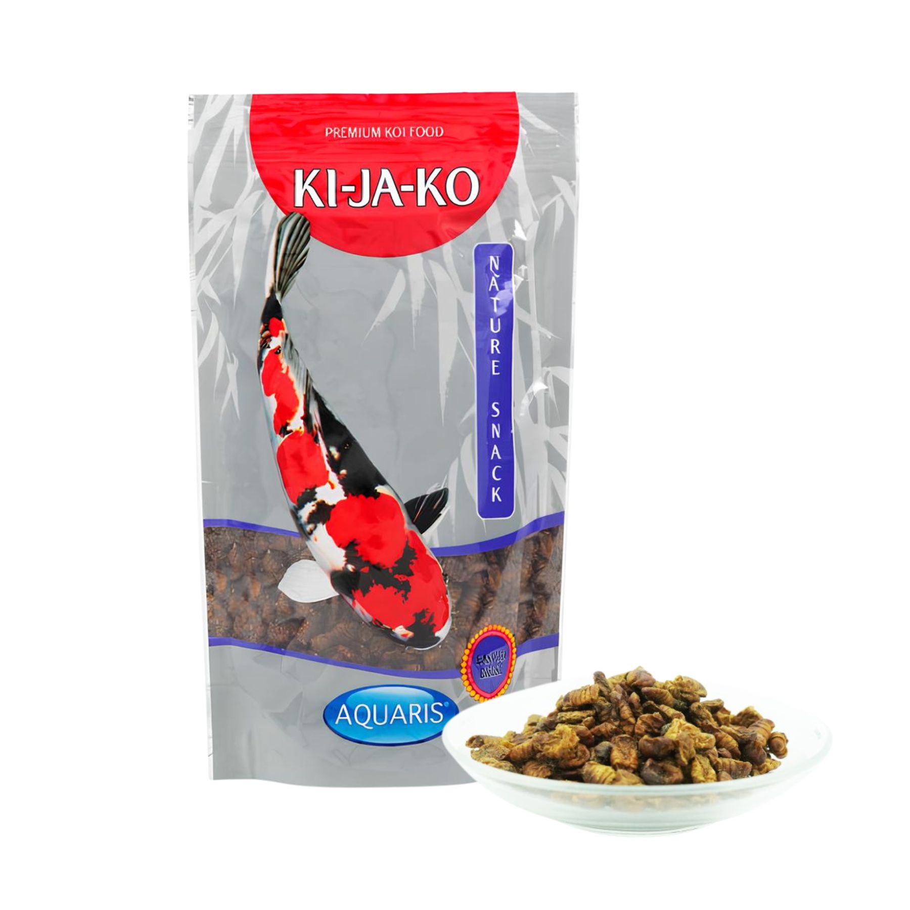 Confezione di KI-JA-KO Koifischfutter Nature Snack. Busta con illustrazione di pesce koi e nome del prodotto.