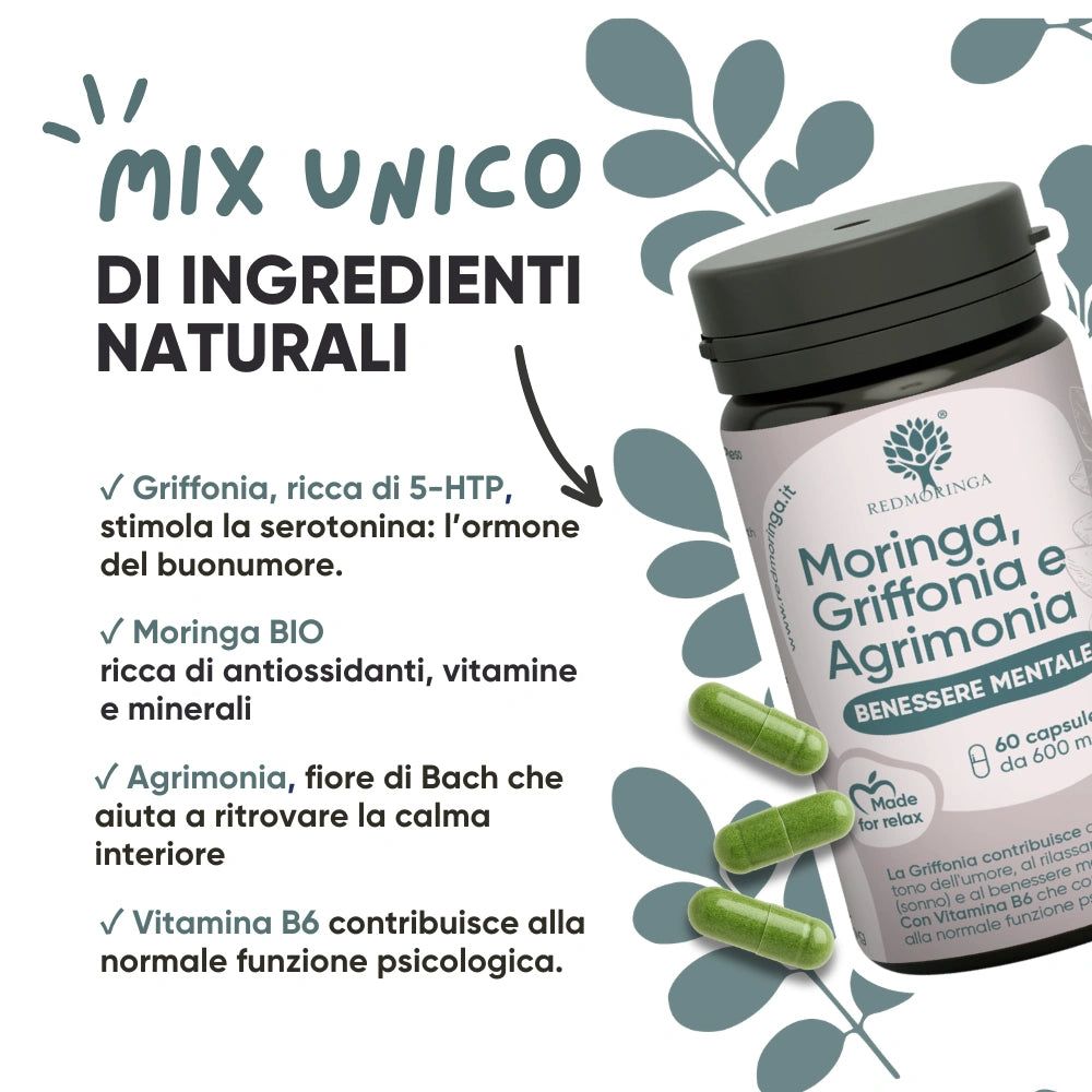 Flacone con capsule e testo: Moringa, Griffonia e Agrimonia. Ingredienti: Griffonia, Moringa, Agrimonia, Vit. B6.