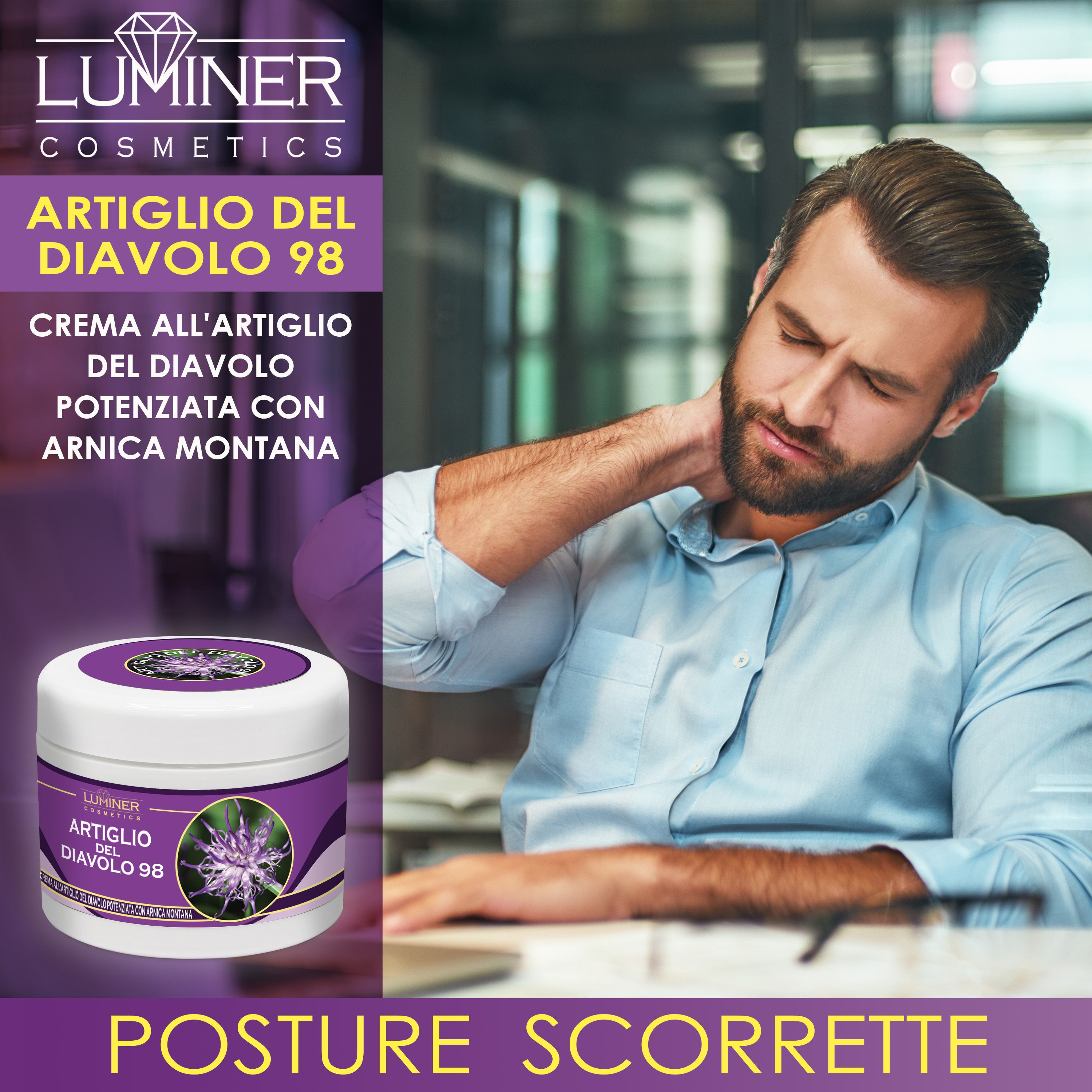 Uomo con dolore al collo accanto a un vasetto di crema Artiglio del Diavolo 98.