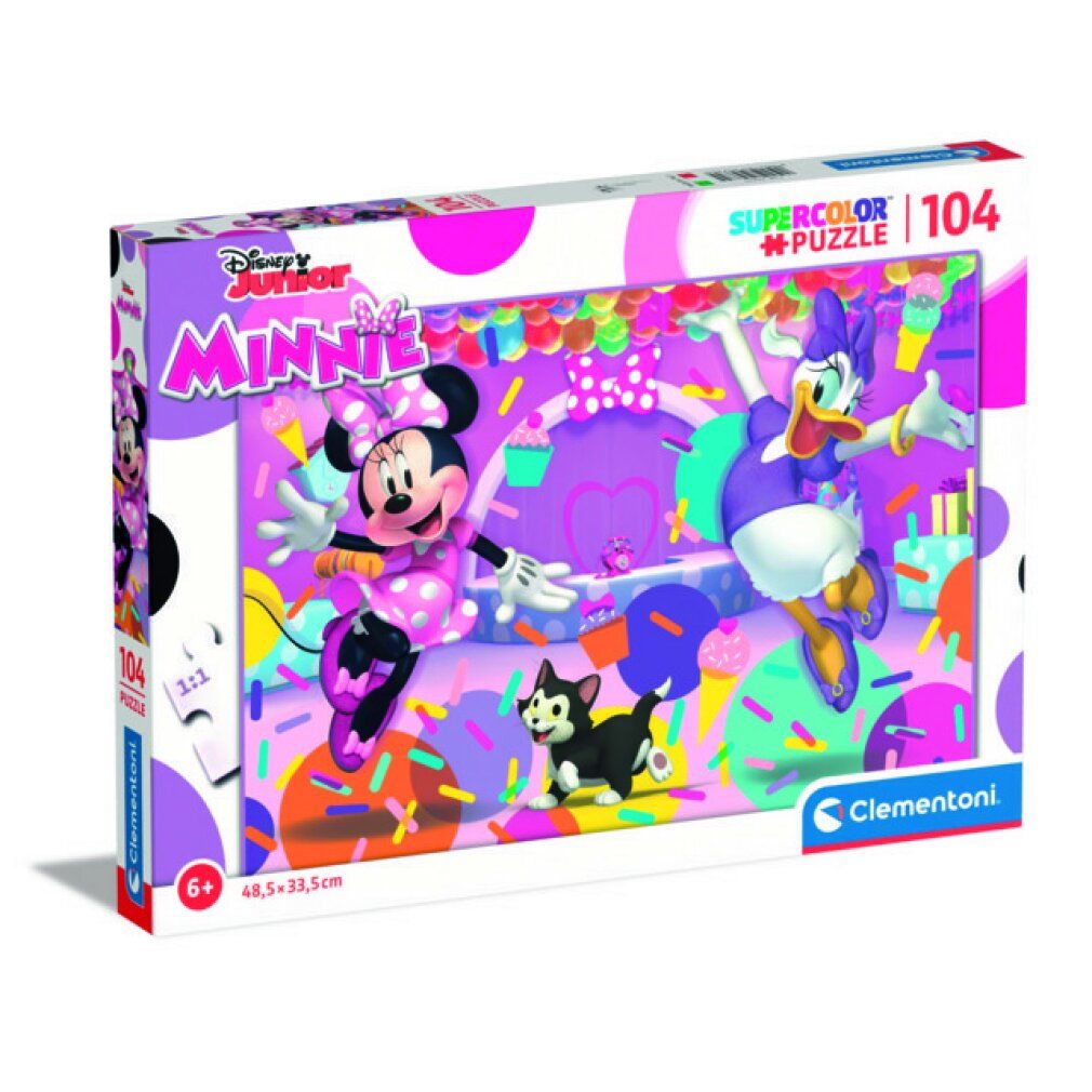 Puzzle Clementoni Minnie Mouse. 104 pezzi. Confezione con Minnie, Daisy e gatto. Dimensioni: 48,5 x 33,5 cm. Età: 6+