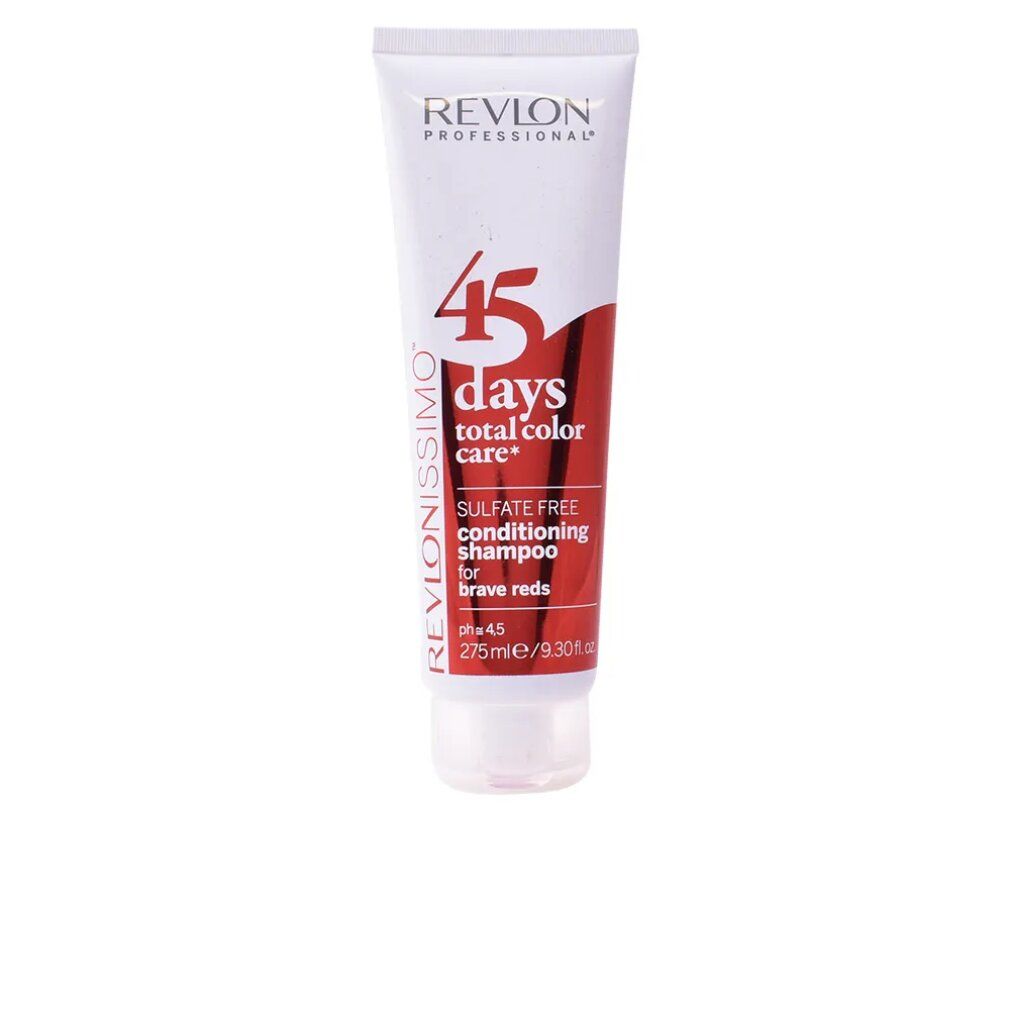 Tubo bianco Revlon Revlonissimo 45 Days. Scritta rossa: "Sulfate Free Conditioning Shampoo for brave reds". Contenuto: 275ml.