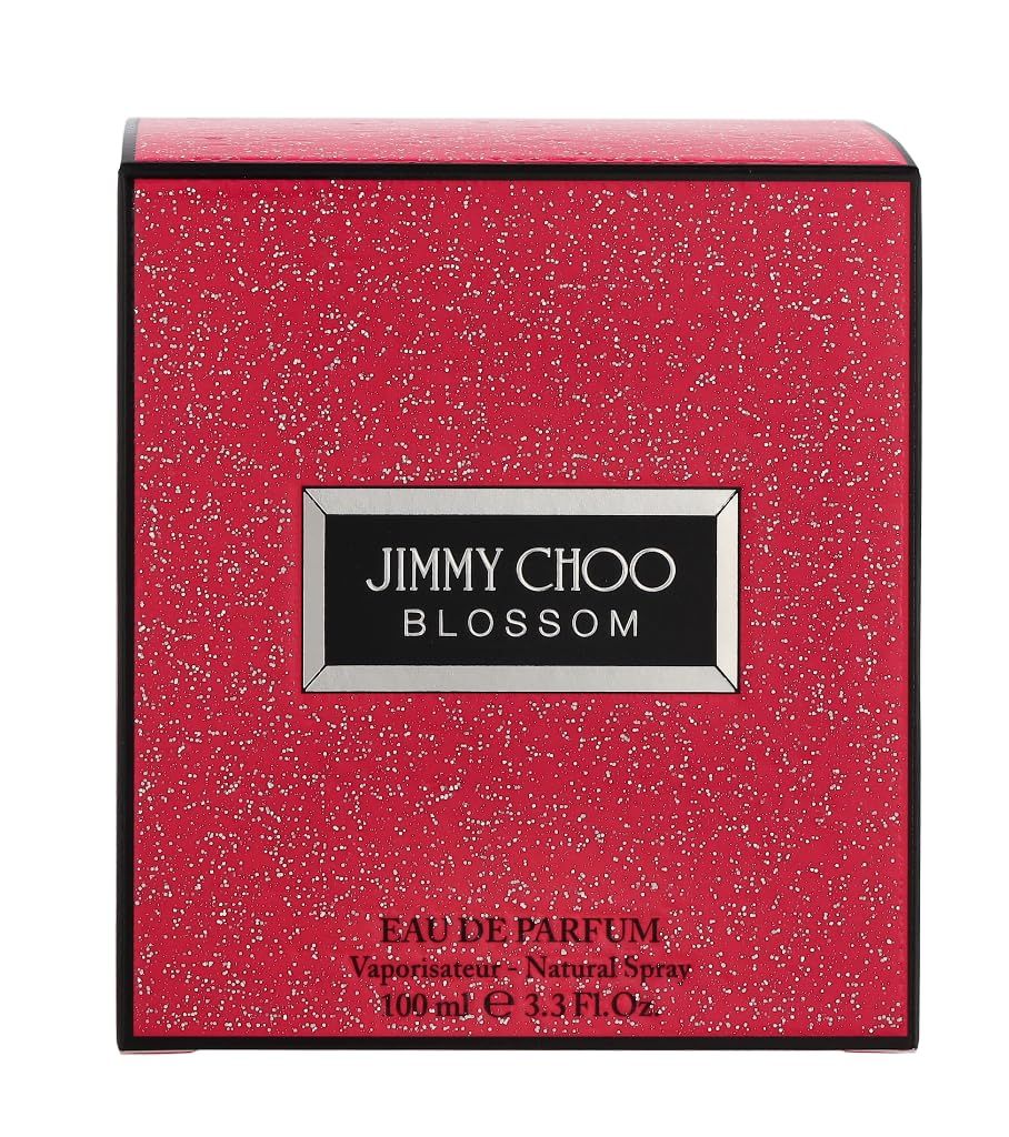 Confezione rossa glitterata. Scritta "JIMMY CHOO BLOSSOM". Cornice nera. Testo: Eau de Parfum.