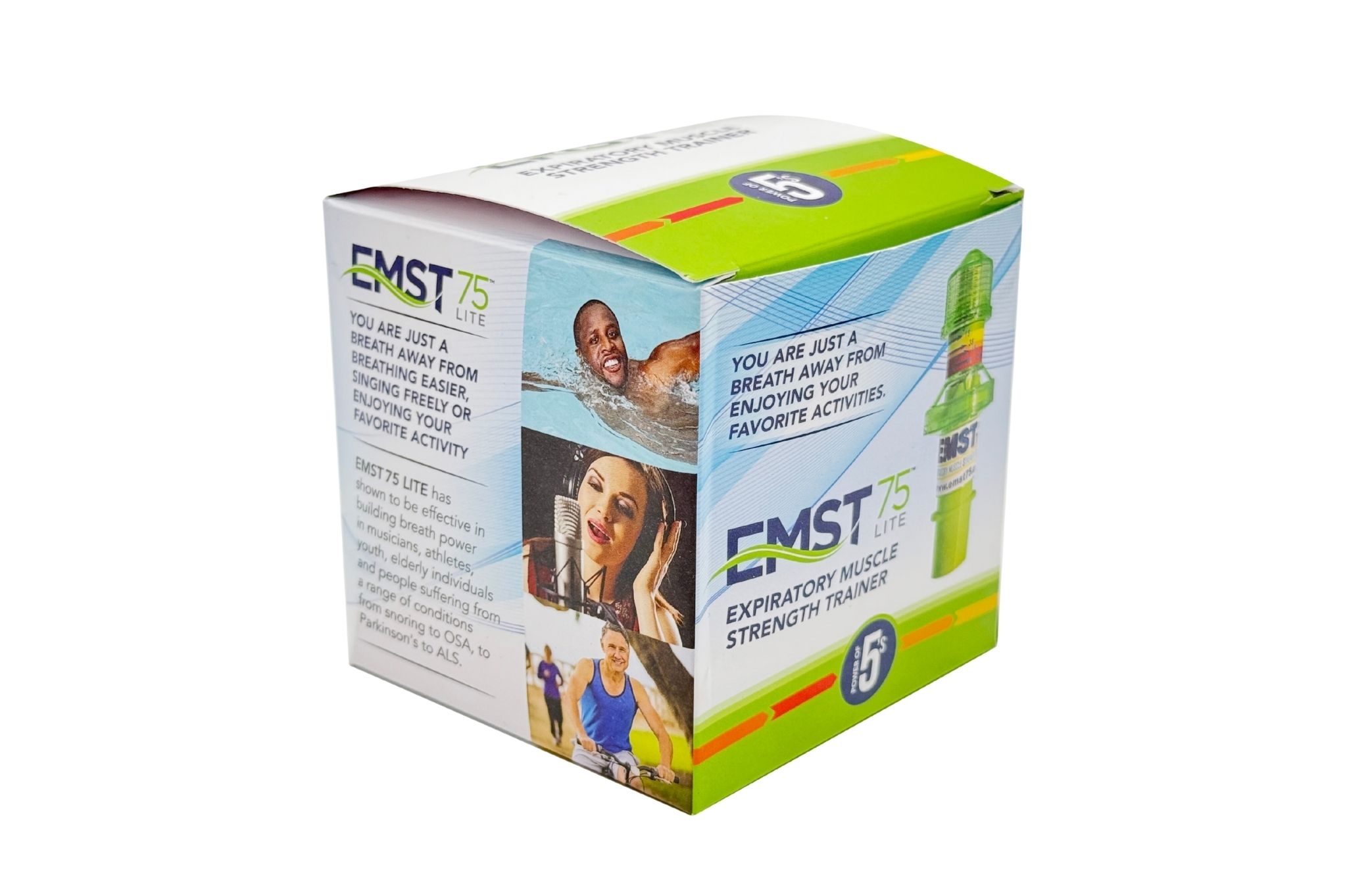 Confezione dell'allenatore respiratorio Aspire EMST75 con immagini del prodotto e testo.