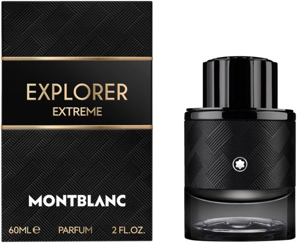 Flacone e confezione neri. Scritta EXPLORER EXTREME, MONTBLANC. 60ml, PARFUM, 2 FL.OZ.