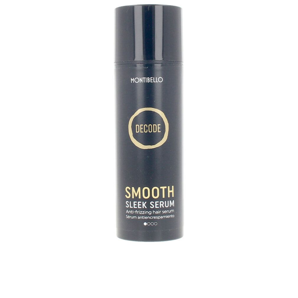 Flacone nero con tappo nero. Scritta: Montibello, Decode, Smooth Sleek Serum. Siero anti-crespo.