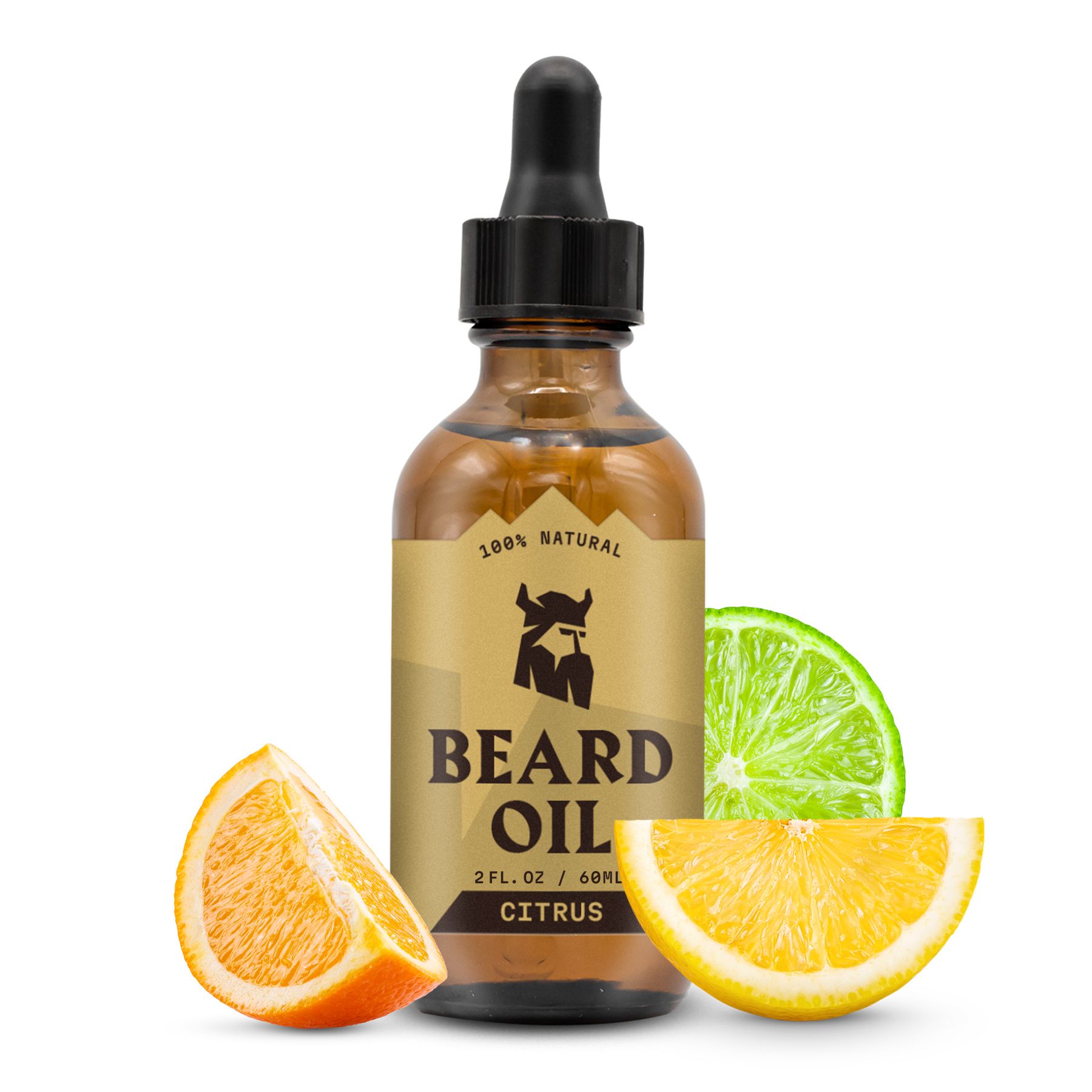 Flacone in vetro marrone di olio da barba con contagocce, circondato da spicchi d'arancia e lime.