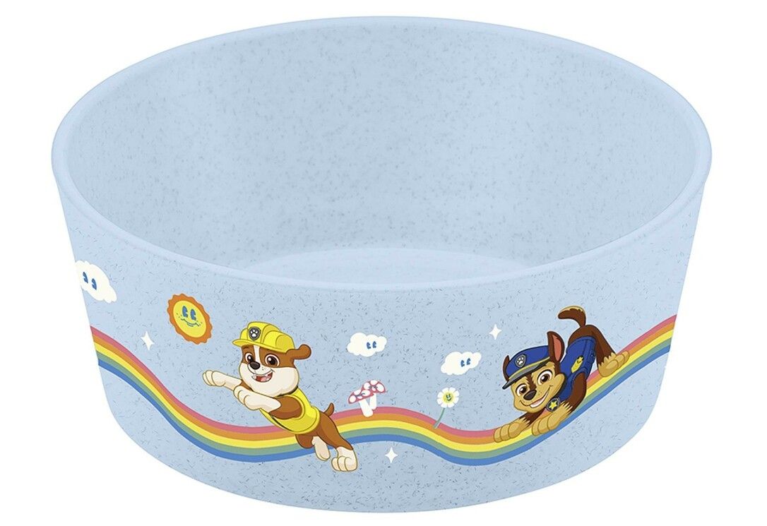 Ciotola blu chiaro con motivo Paw Patrol. Raffigura personaggi e arcobaleno. Forma rotonda.