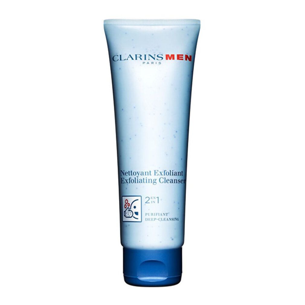 Tubo blu e bianco con testo rosso e blu. Visibili "CLARINS MEN" e "Nettoyant Exfoliant Exfoliating Cleanser".