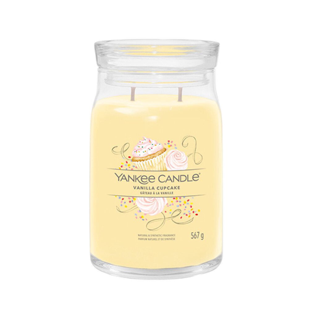 Grande candela profumata Yankee Candle Vanilla Cupcake in vetro con coperchio. Etichetta con motivo cupcake e testo. Due stoppini.
