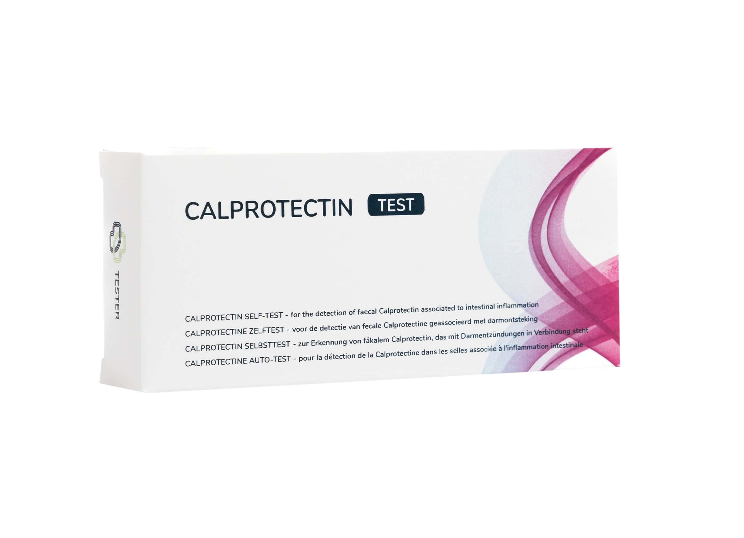 Test Calprotectina: confezione in cartone con informazioni sul prodotto ed elementi grafici.
