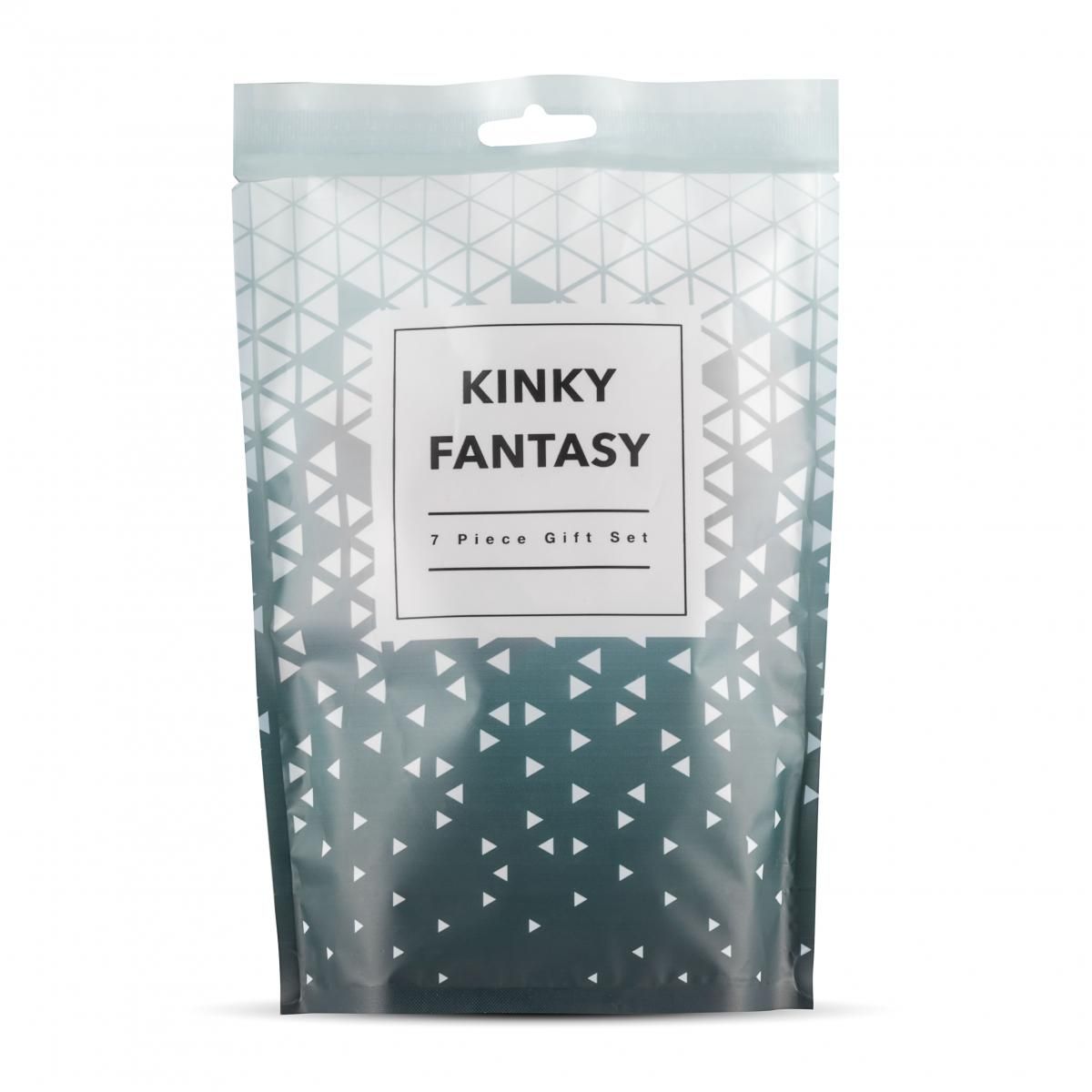 Confezione con testo 'KINKY FANTASY 7 Piece Gift Set'. Sfondo azzurro con triangoli bianchi.