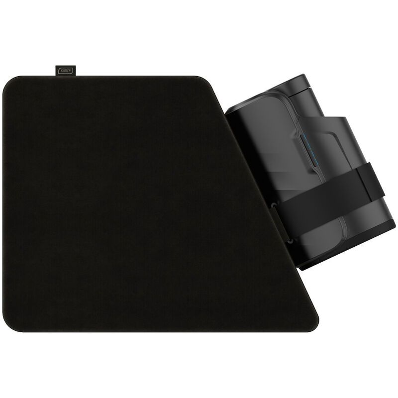Dispositivo Keon nero con cuscino nero. Fissato con cinturino. Connettore USB in alto.
