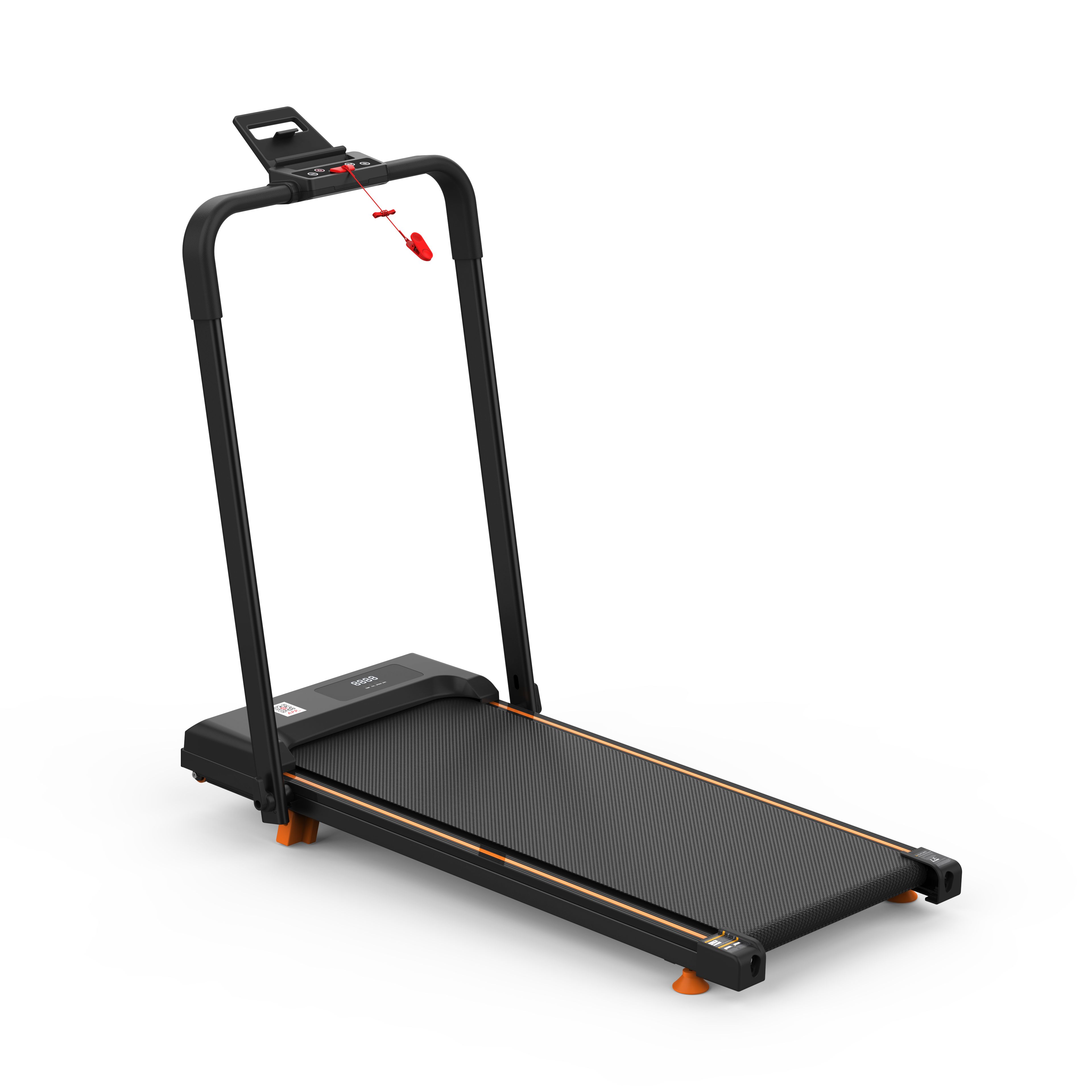 Tapis roulant nero con dettagli arancioni. Con manubrio e pannello comandi. Su sfondo bianco.