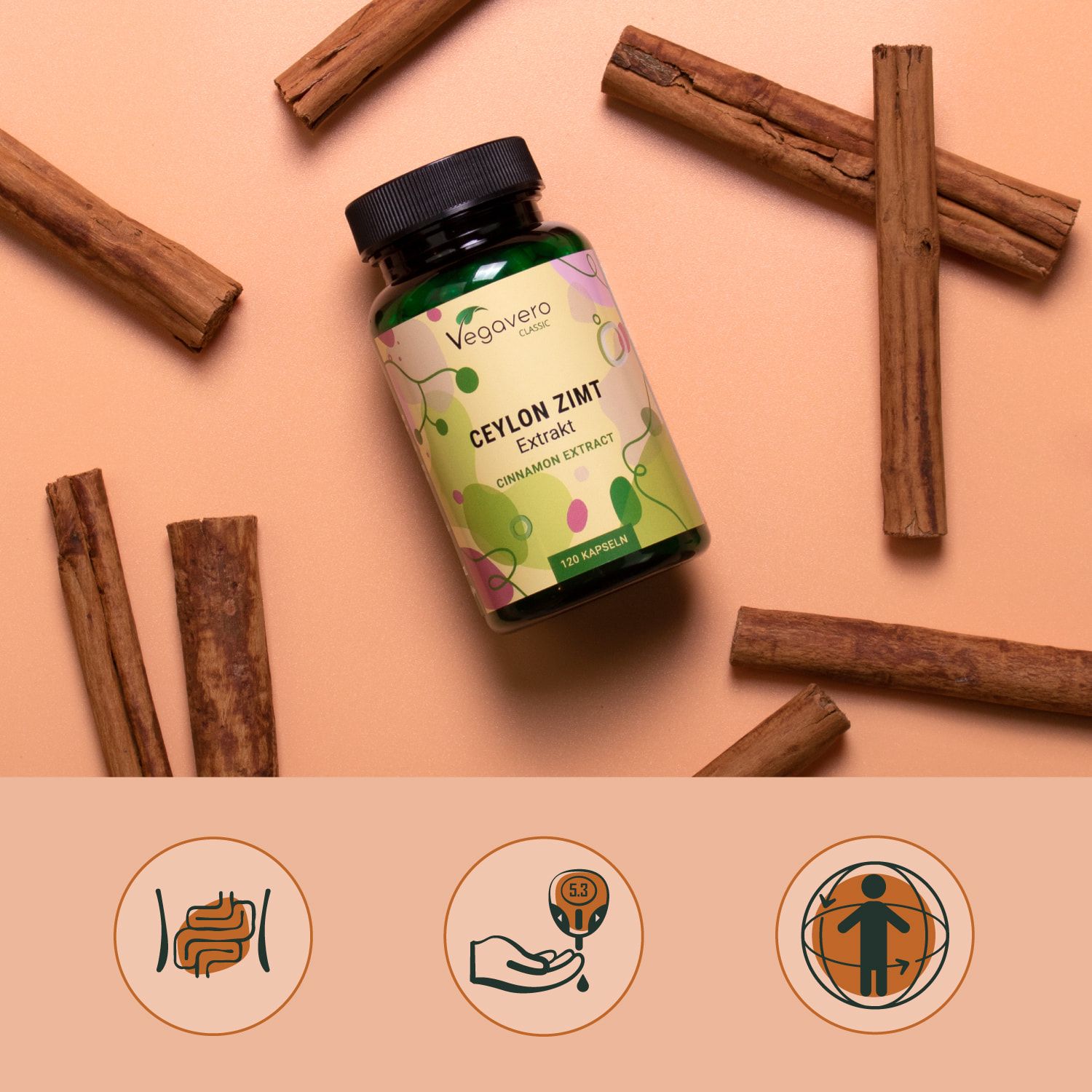 Bottiglia verde con tappo nero e bastoncini di cannella. Scritta: Ceylon Zimt Extrakt, 120 capsule. Marchio: Vegavero Classic.