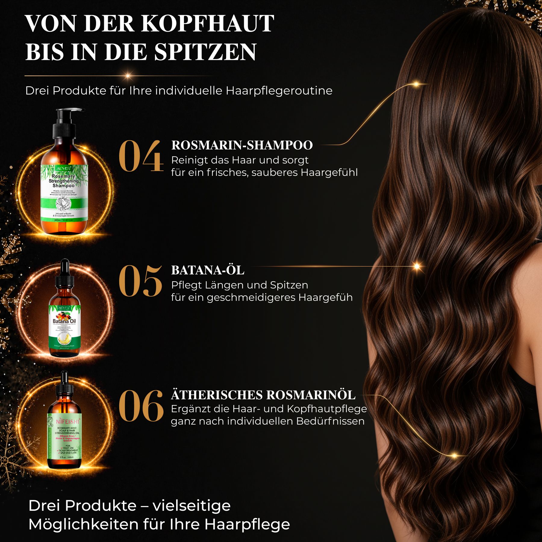 Tre prodotti per la cura dei capelli: Shampoo Rosmarino, Olio Batana e Olio Essenziale di Rosmarino.